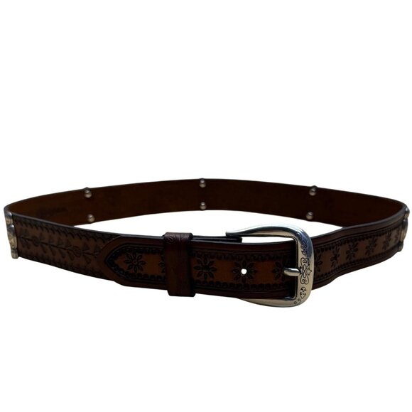 Brighton XL Brown Leather Floral Tooled Western Belt  Engraved Silver Buckle